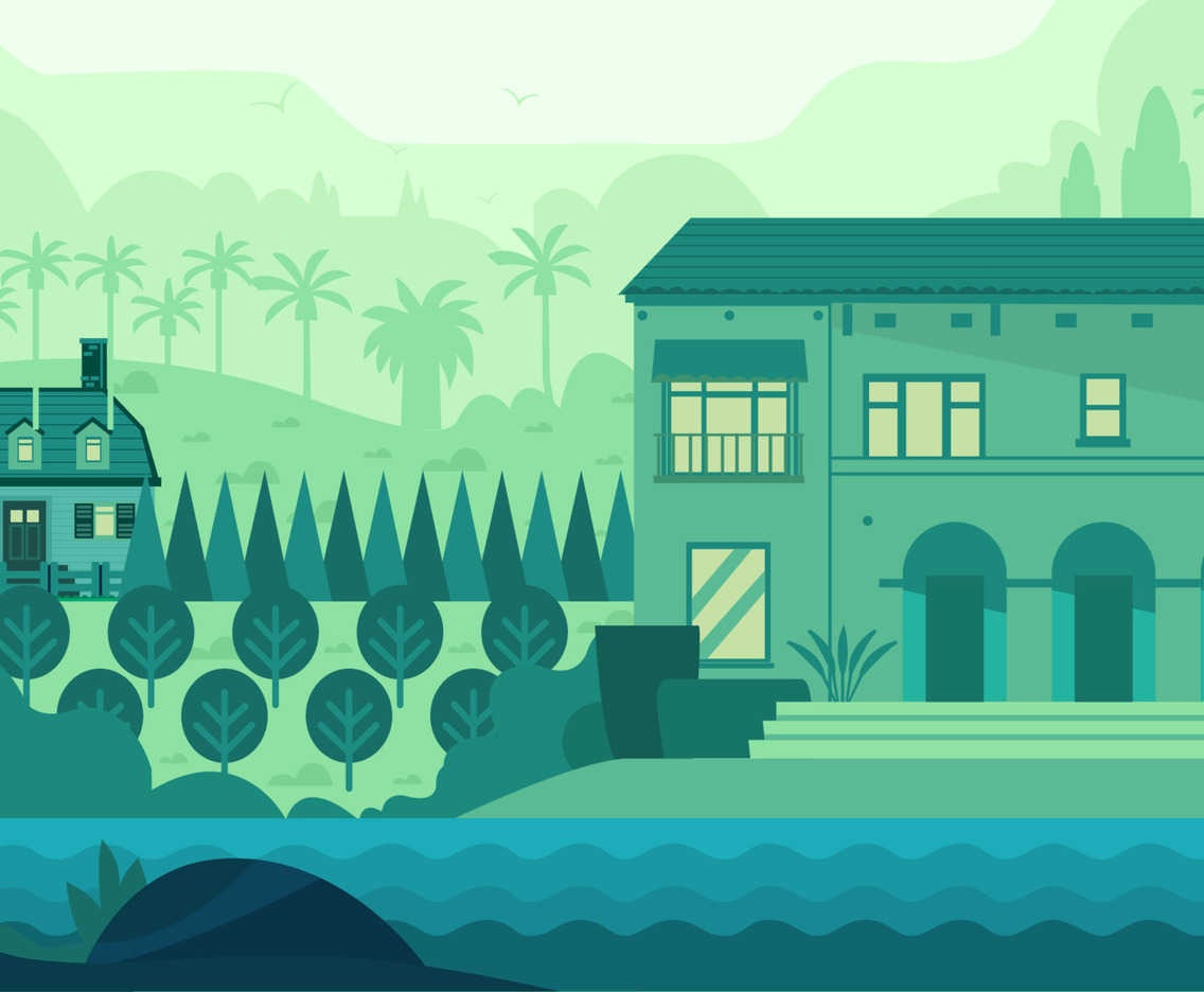 House By The River With Forest Background Concept