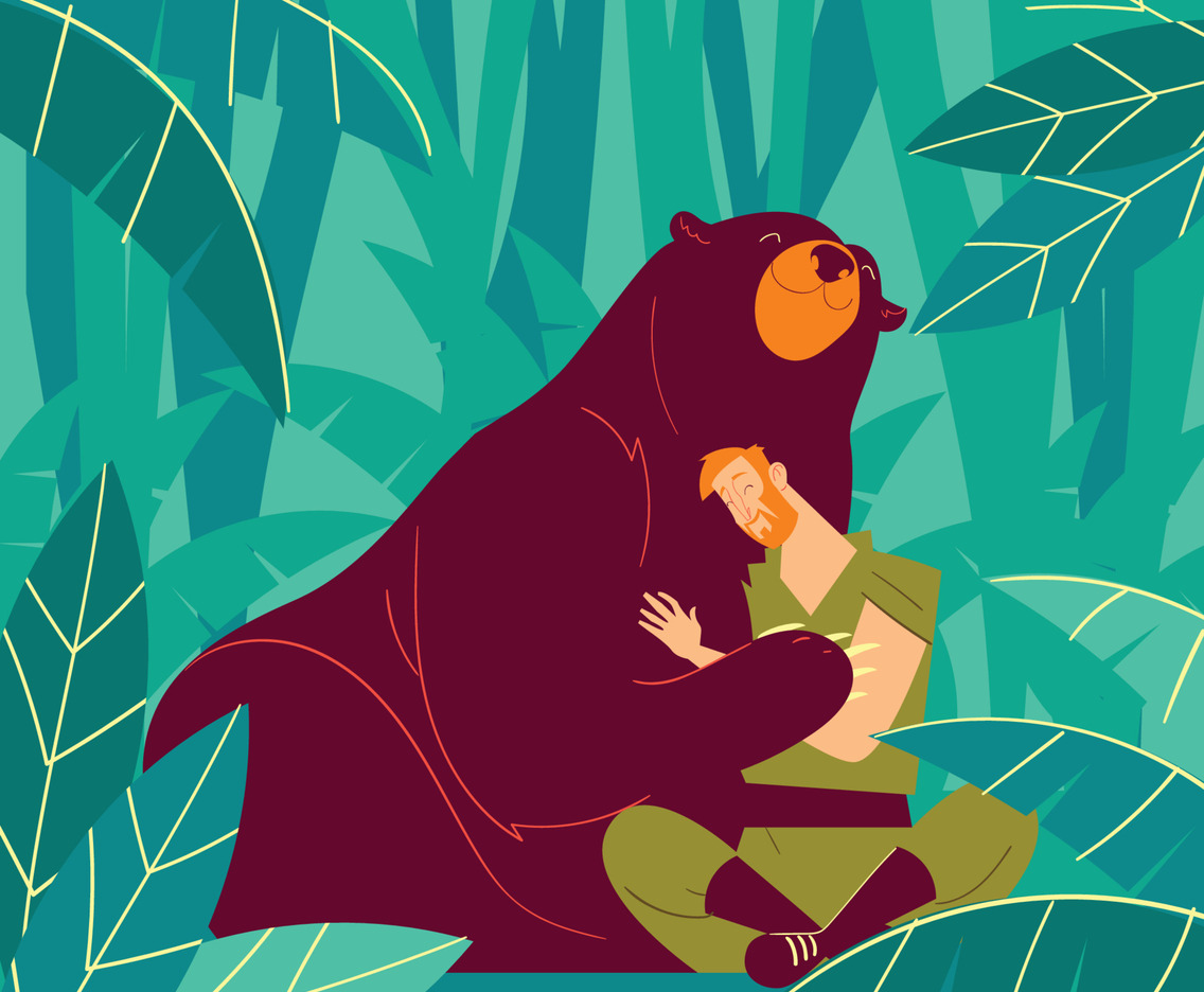 A Zoo Keeper Man Hug a Brown Bear