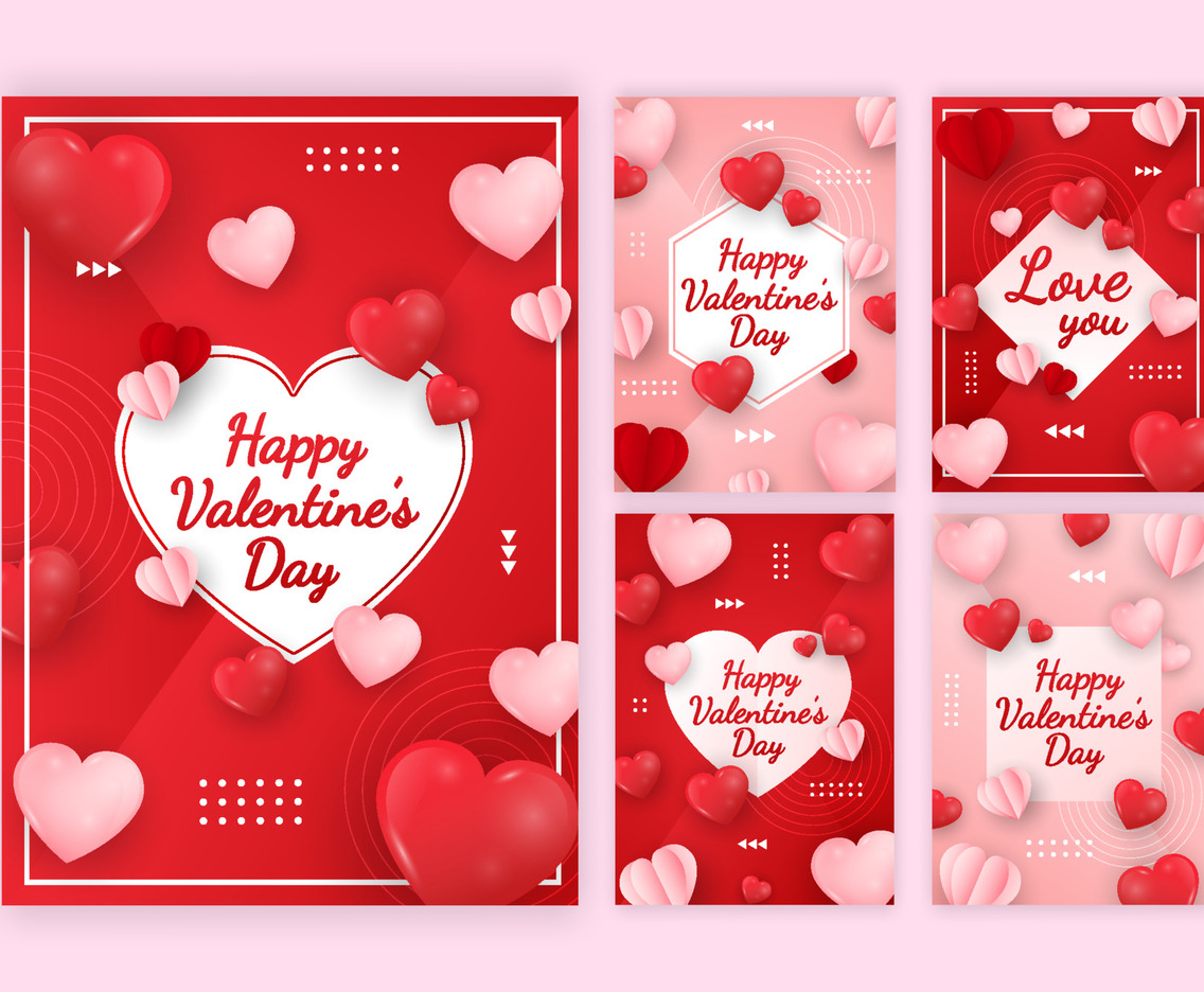 Collection of Happy Valentine Day Card with Realistic Hearth