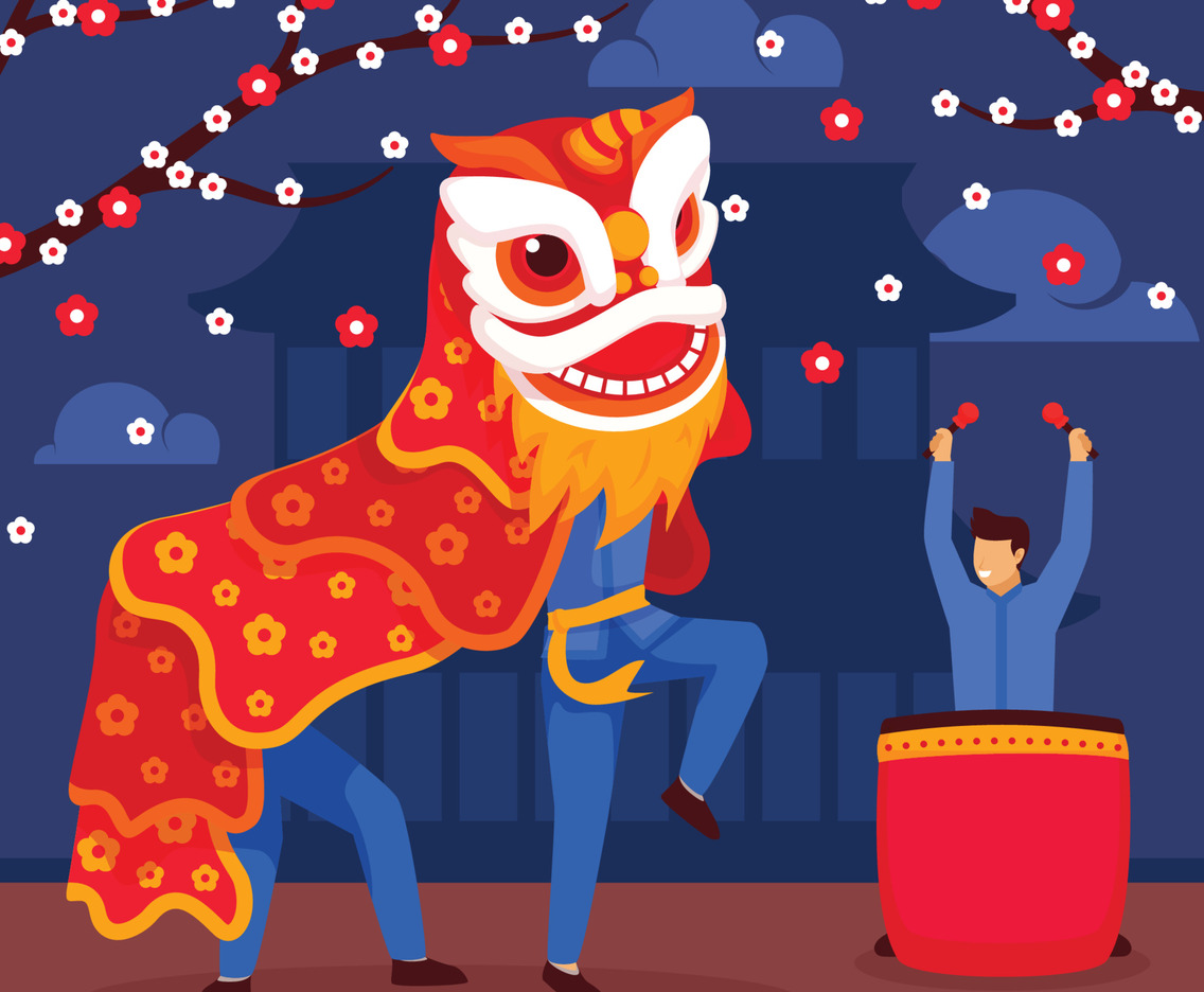 Lion Dance with Drummer Celebrate Chinese New Year
