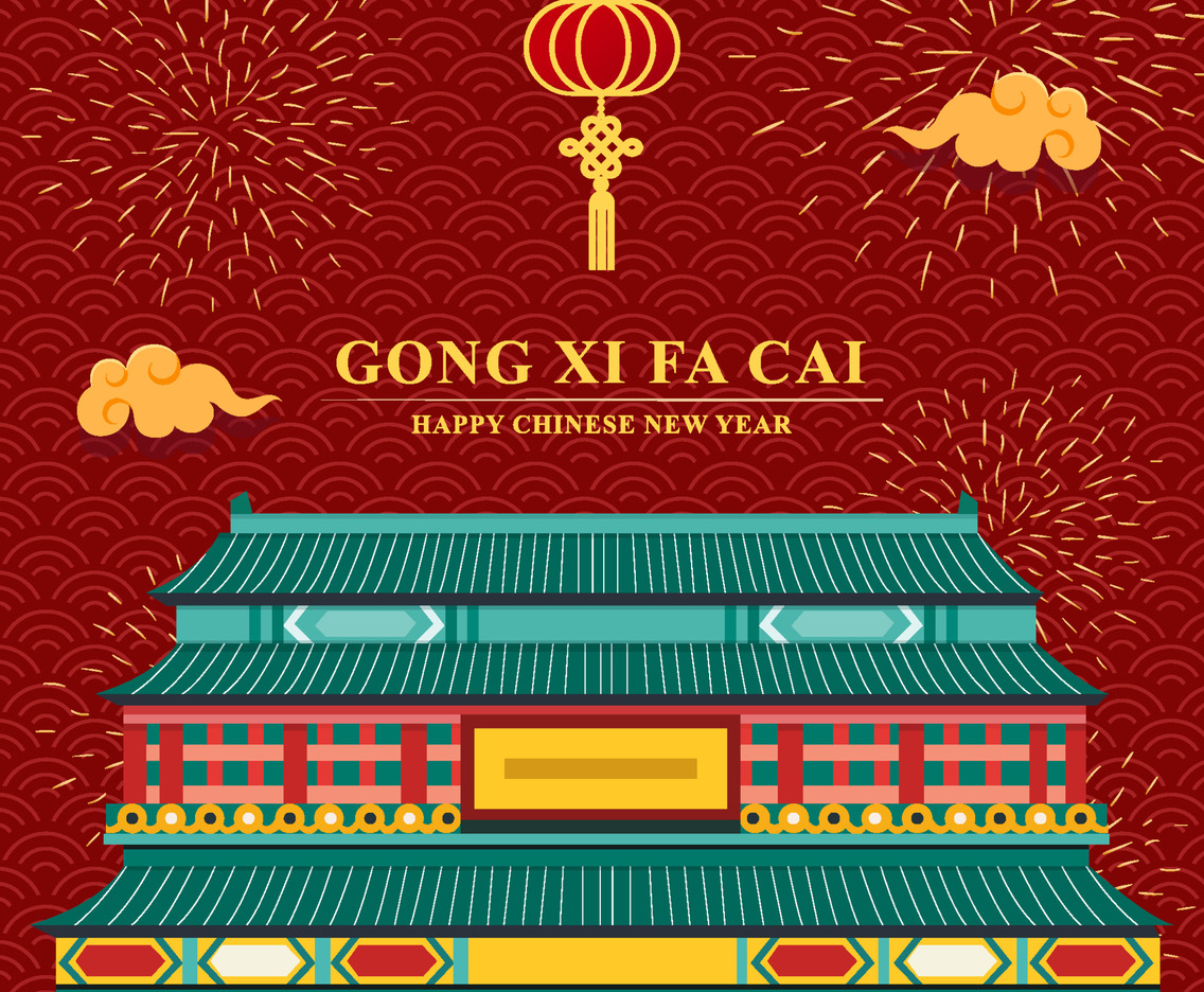 Gong Xi Fa Cai Fireworks Celebration At Temple Concept