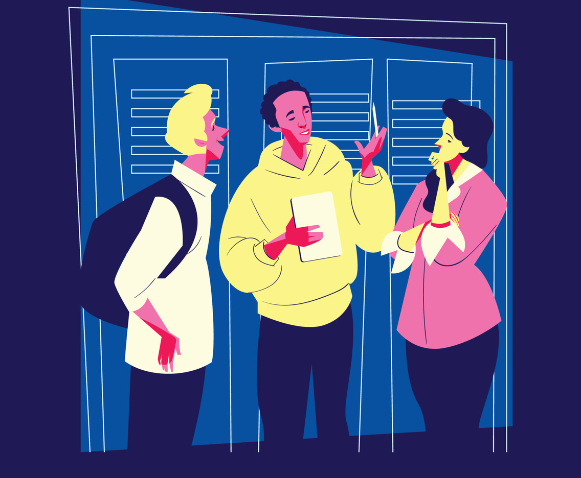 Students Doing Brainstorming in front of School Lockers