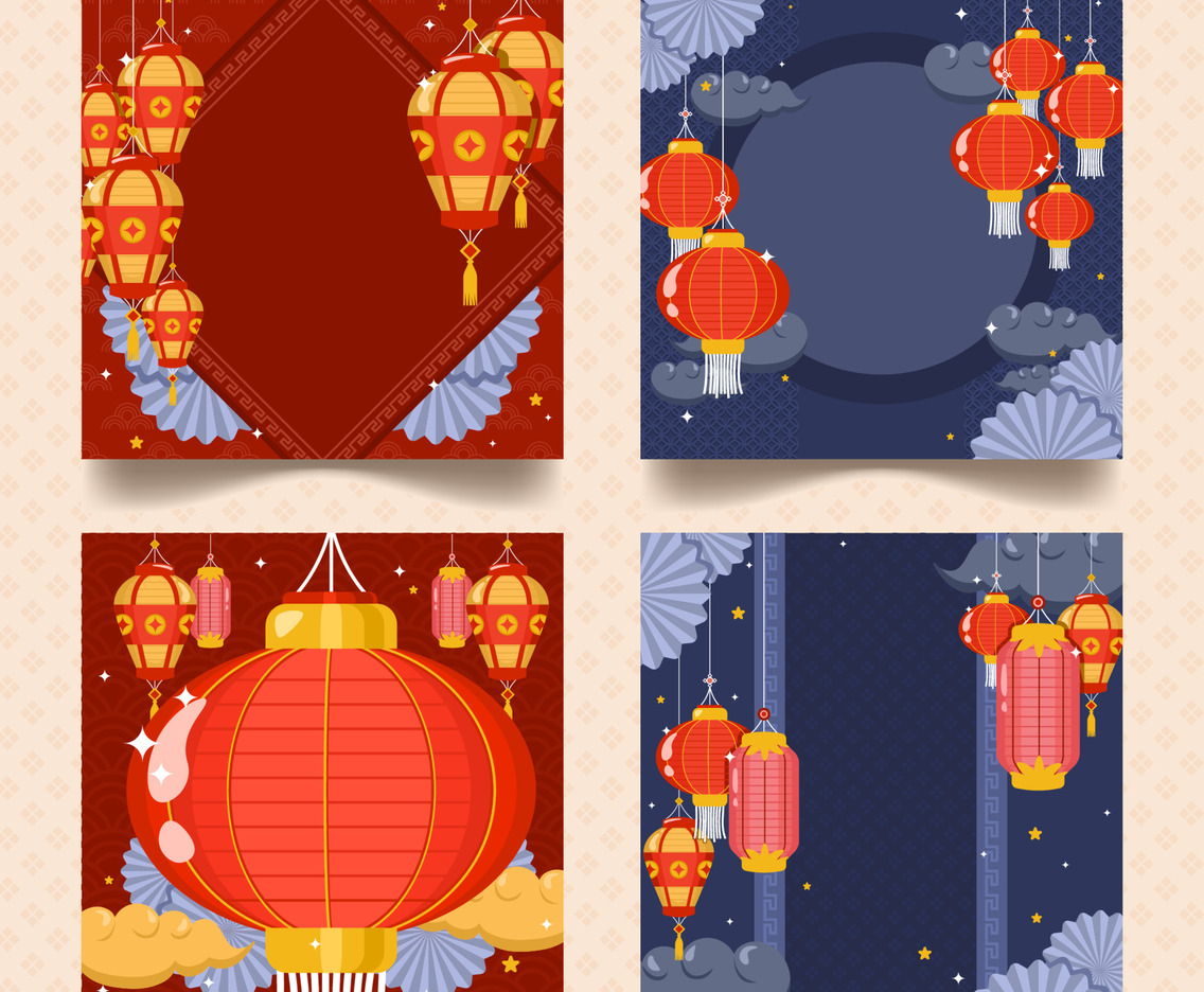 Set of Chinese Lantern Card Social Media Template