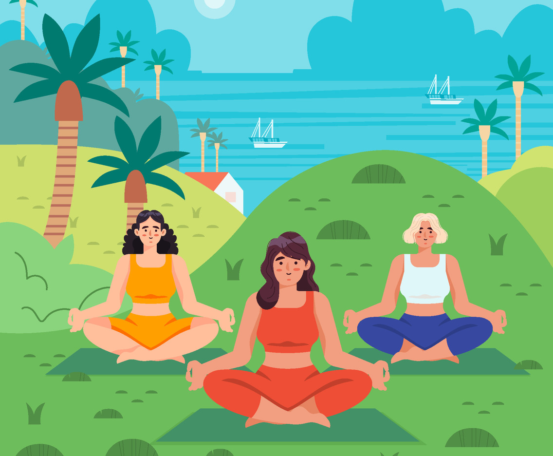 Women Doing Yoga In The Park Concept