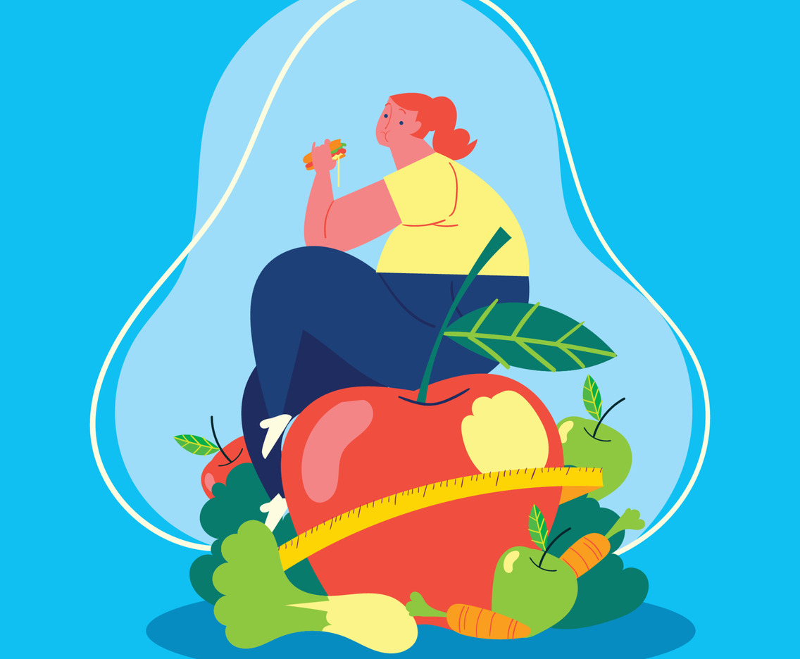 Fat Woman Eating Junk-Food While Having Diet Program