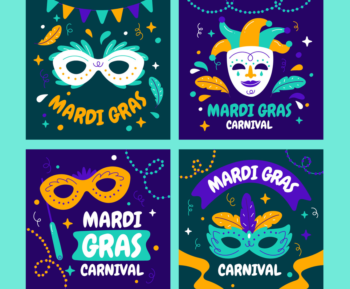 Hand Drawn Mardi Gras Card Set