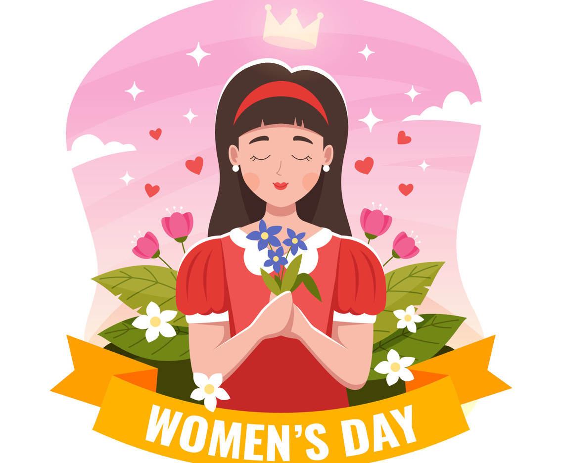 Happy Womens Day with Female Character Holding Flower