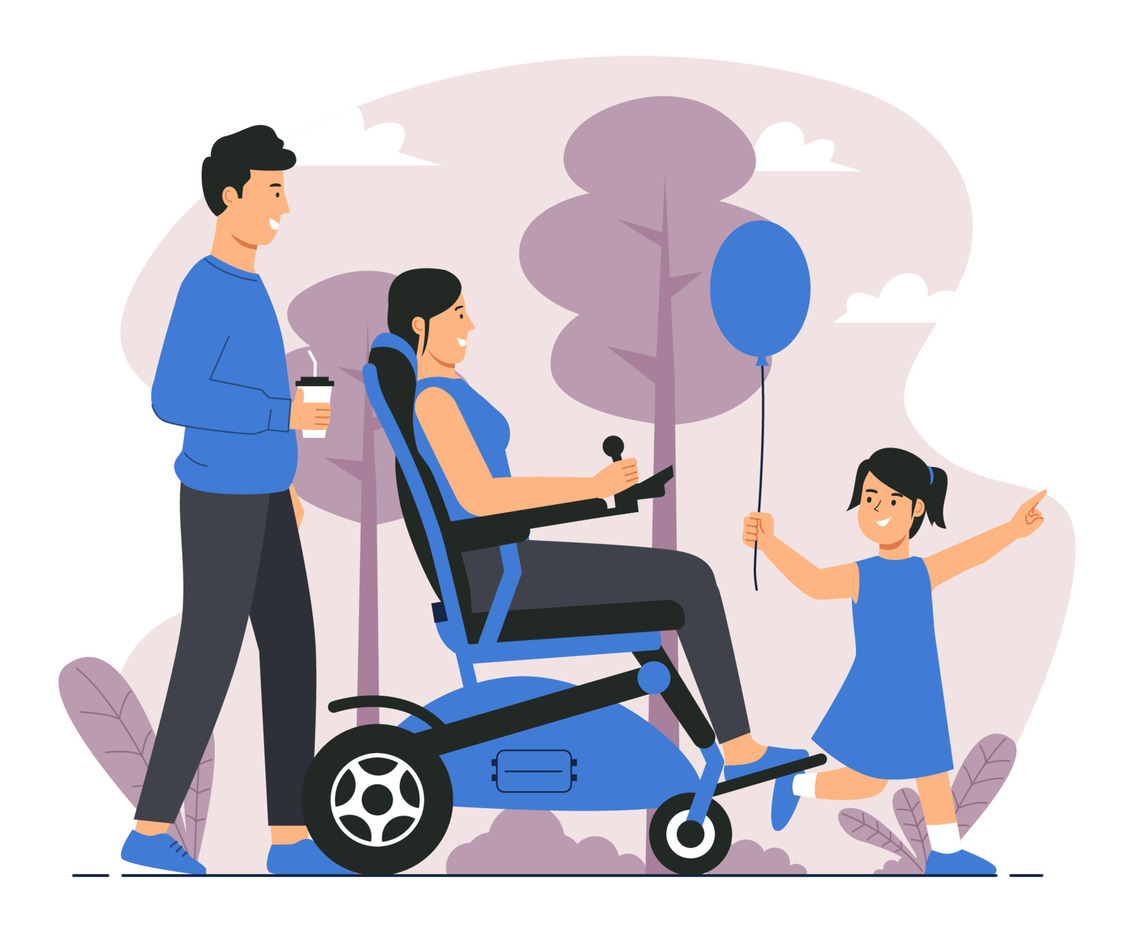 Disabled Woman Sitting on Electric Wheelchair with Her Family at the Park