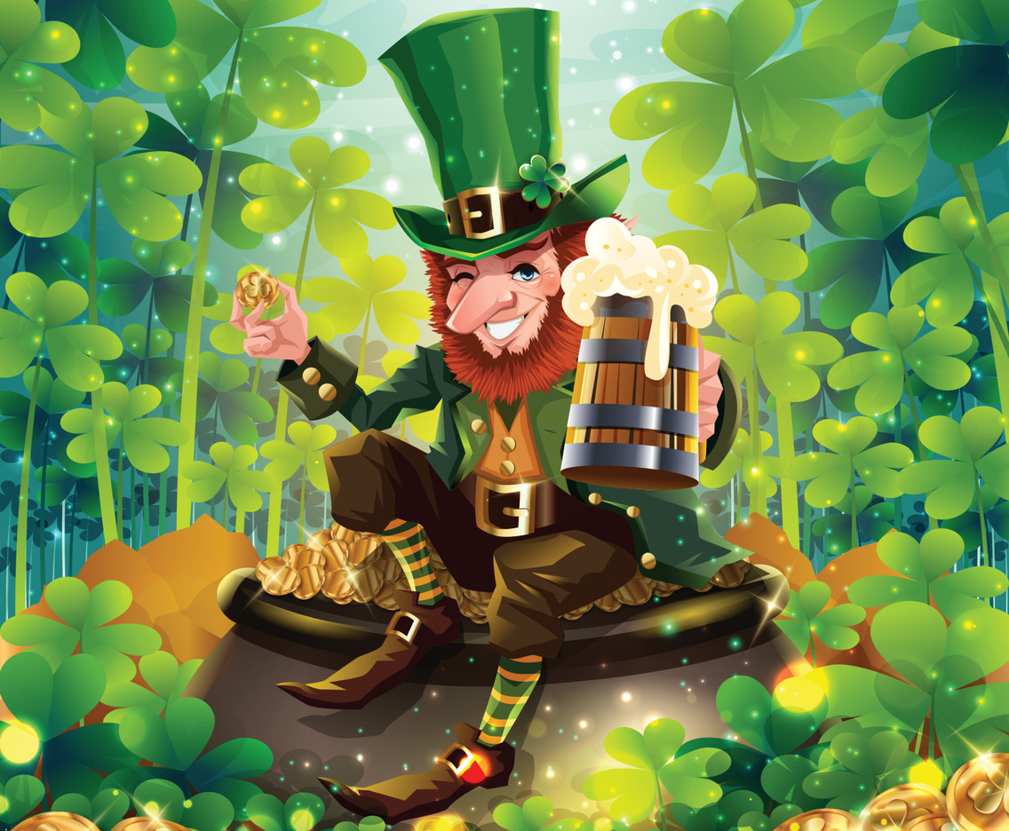 St. Patrick's Day Leprechaun Sitting on a Cauldron with Gold Coins