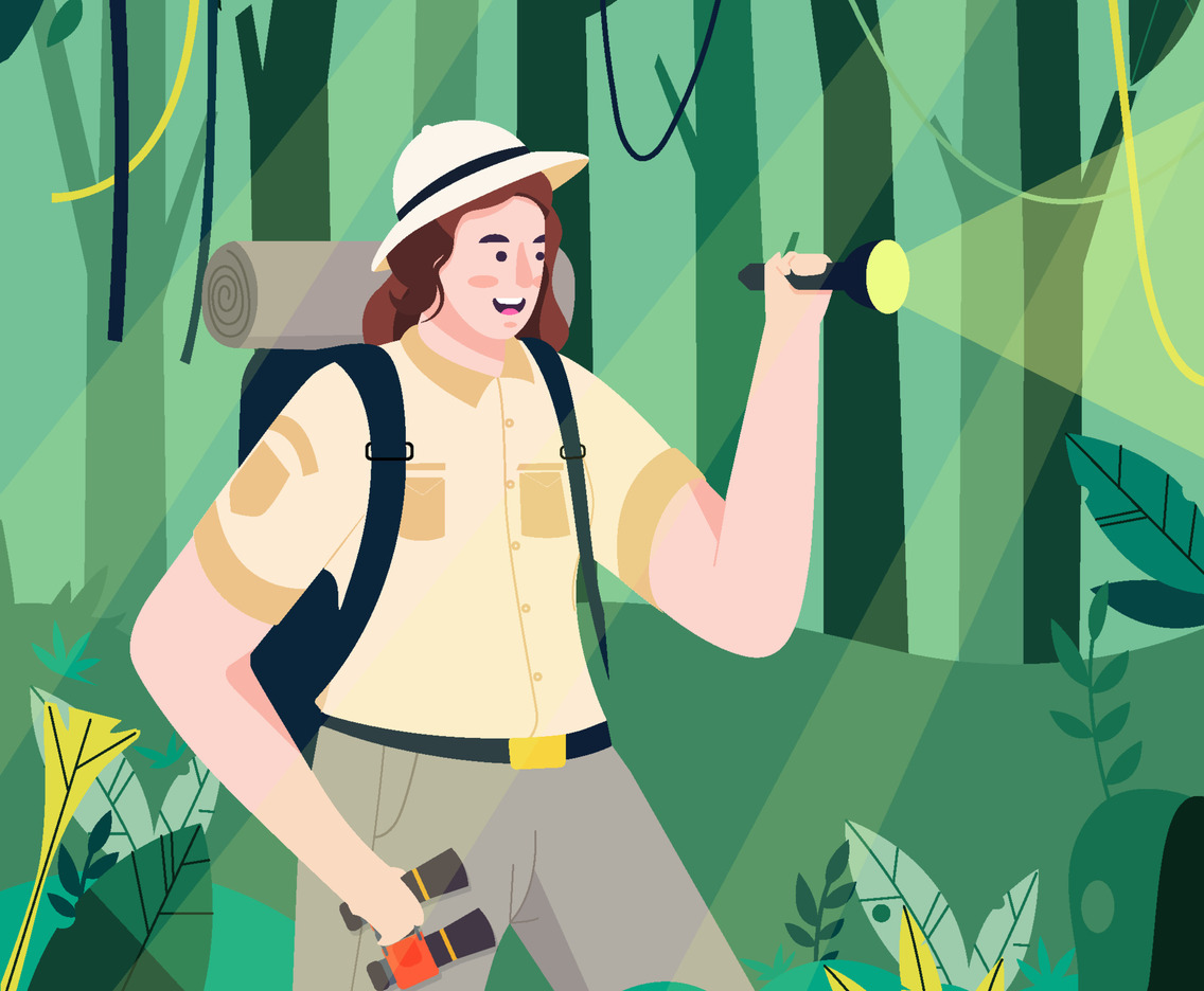 Girlscout With Binocular And Flashlight Explore Jungle Concept