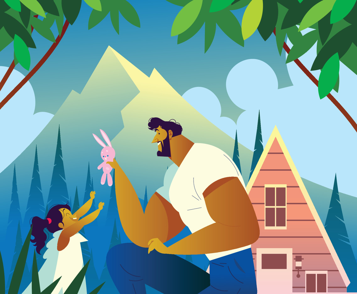 Dad Giving a Litle Bunny Doll to His Daughter