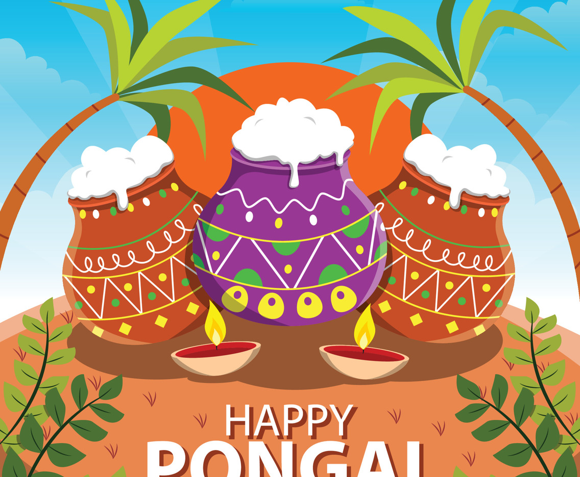 Celebration of Happy Pongal Festival with Pot and Tree