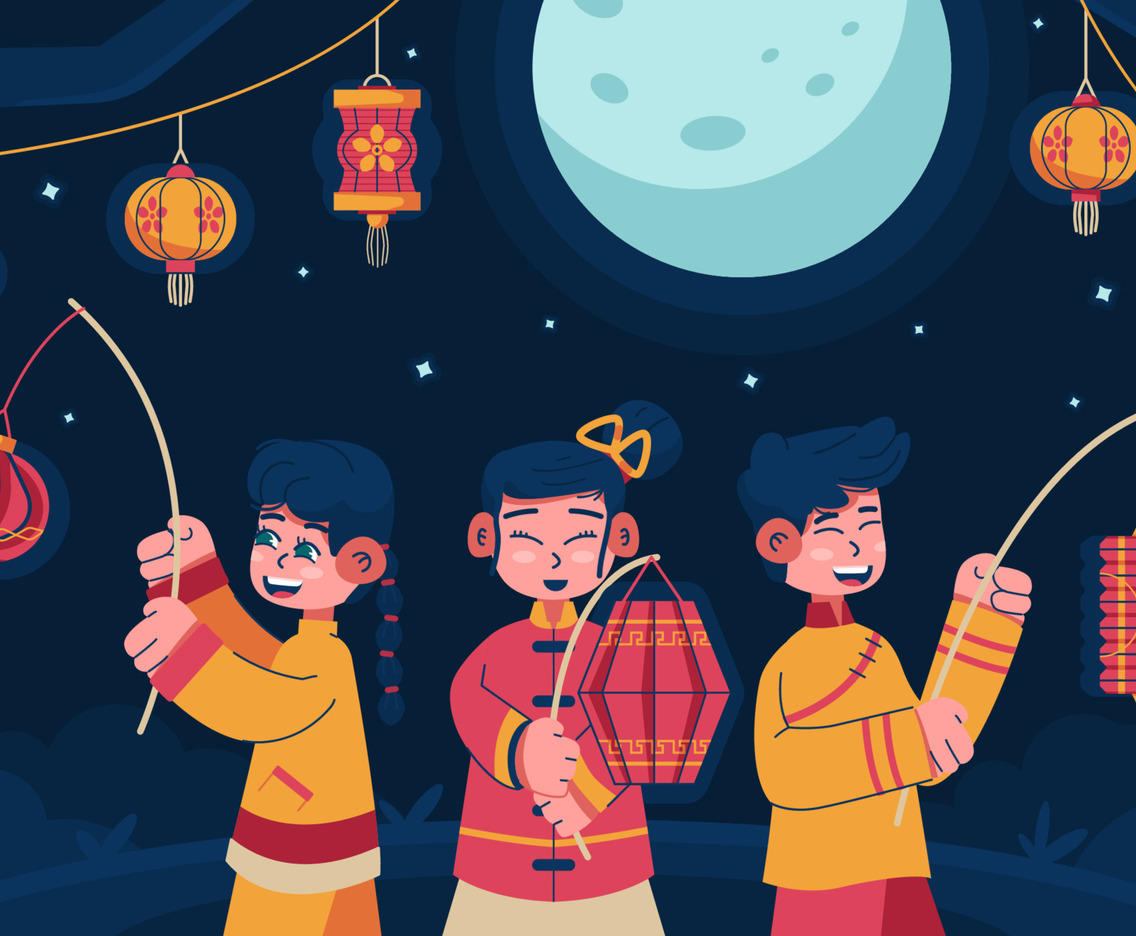 Children Playing with Lanterns at Chinese New Year Night