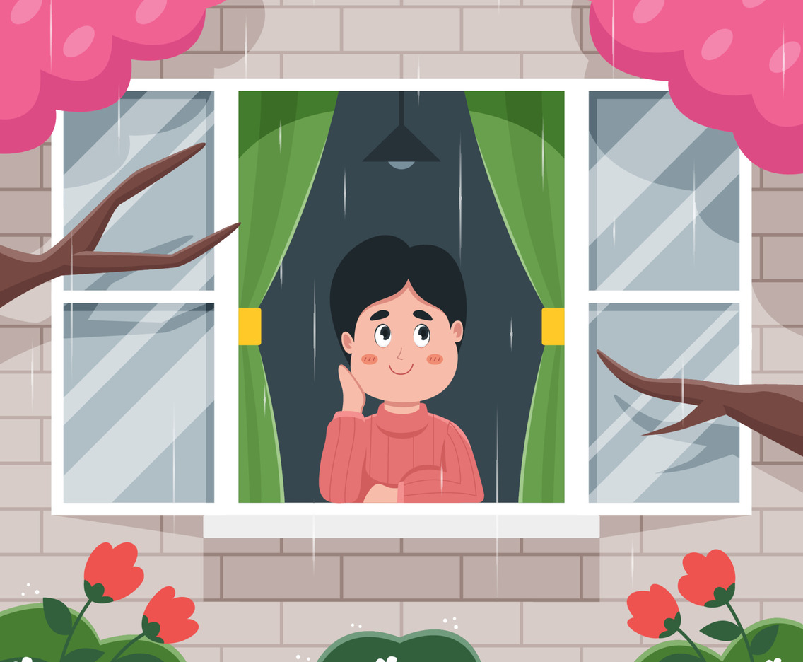 Boy Looking at the Spring Rain through Window
