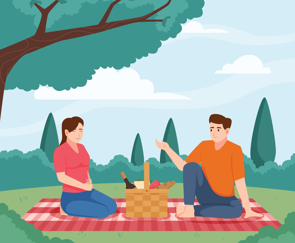 Man and Woman Sit on the Outside for Picnic