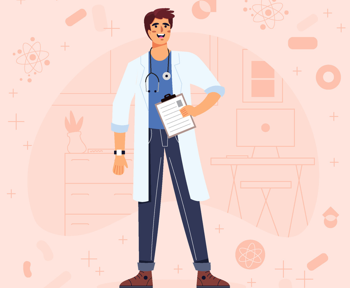 Doctor Standing In Office With Medical Icons Concept