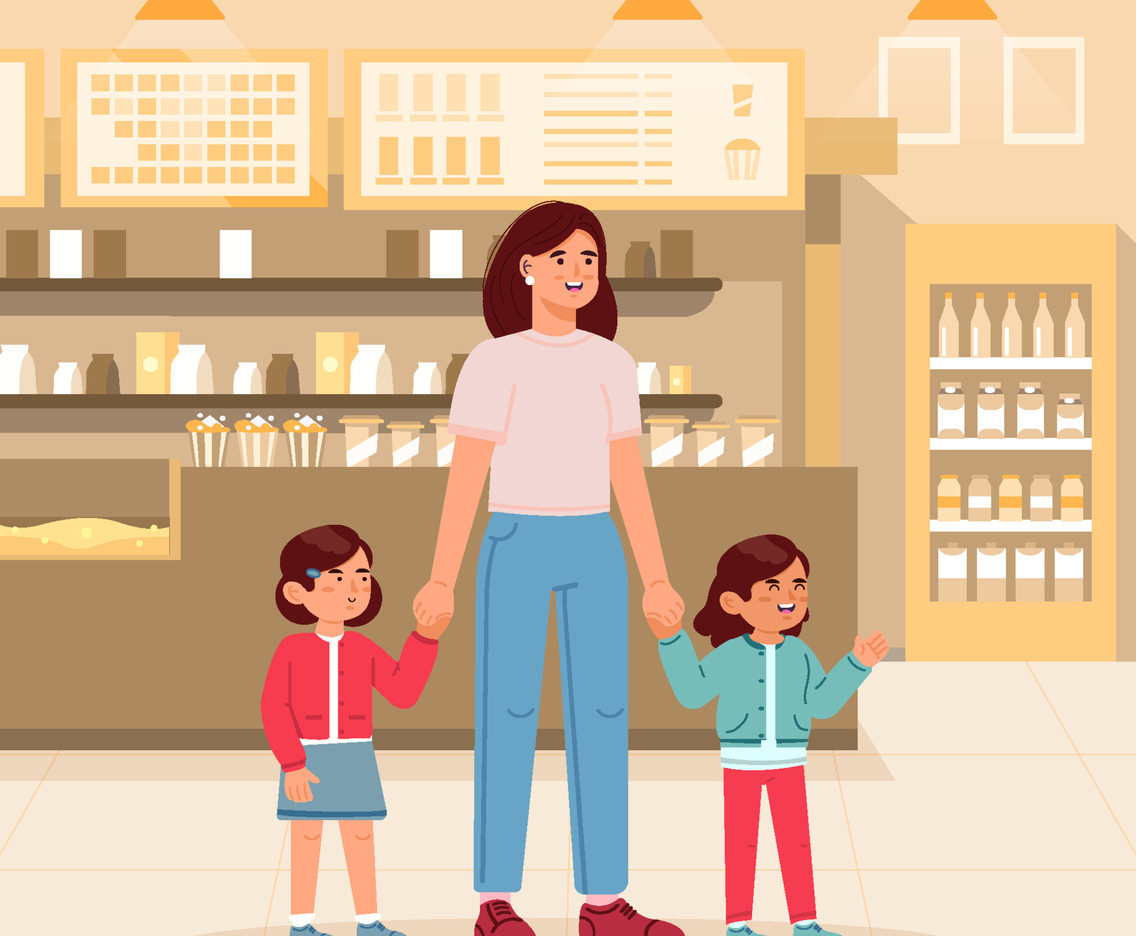 Mother And Her Children in Supermarket Concept
