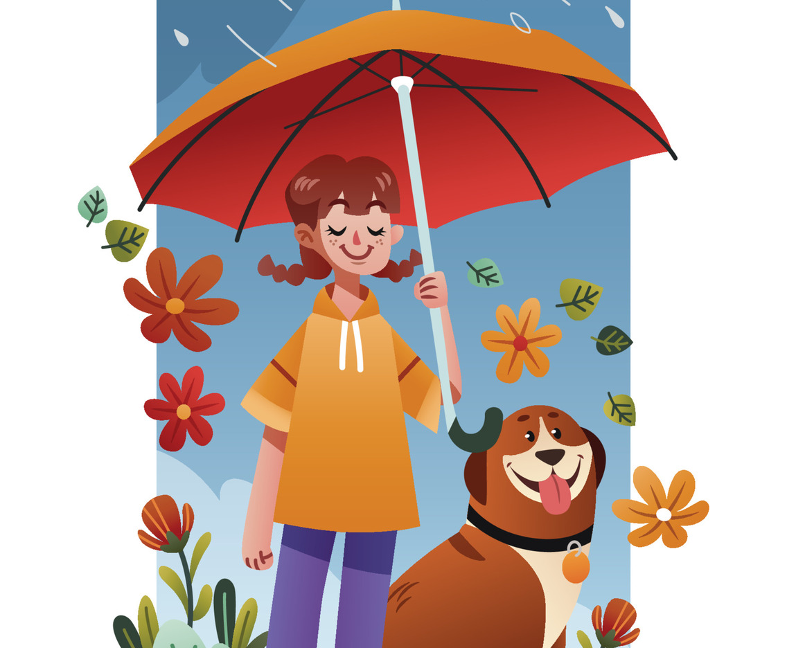 A Girl and Her Dog Enjoying the Spring Shower