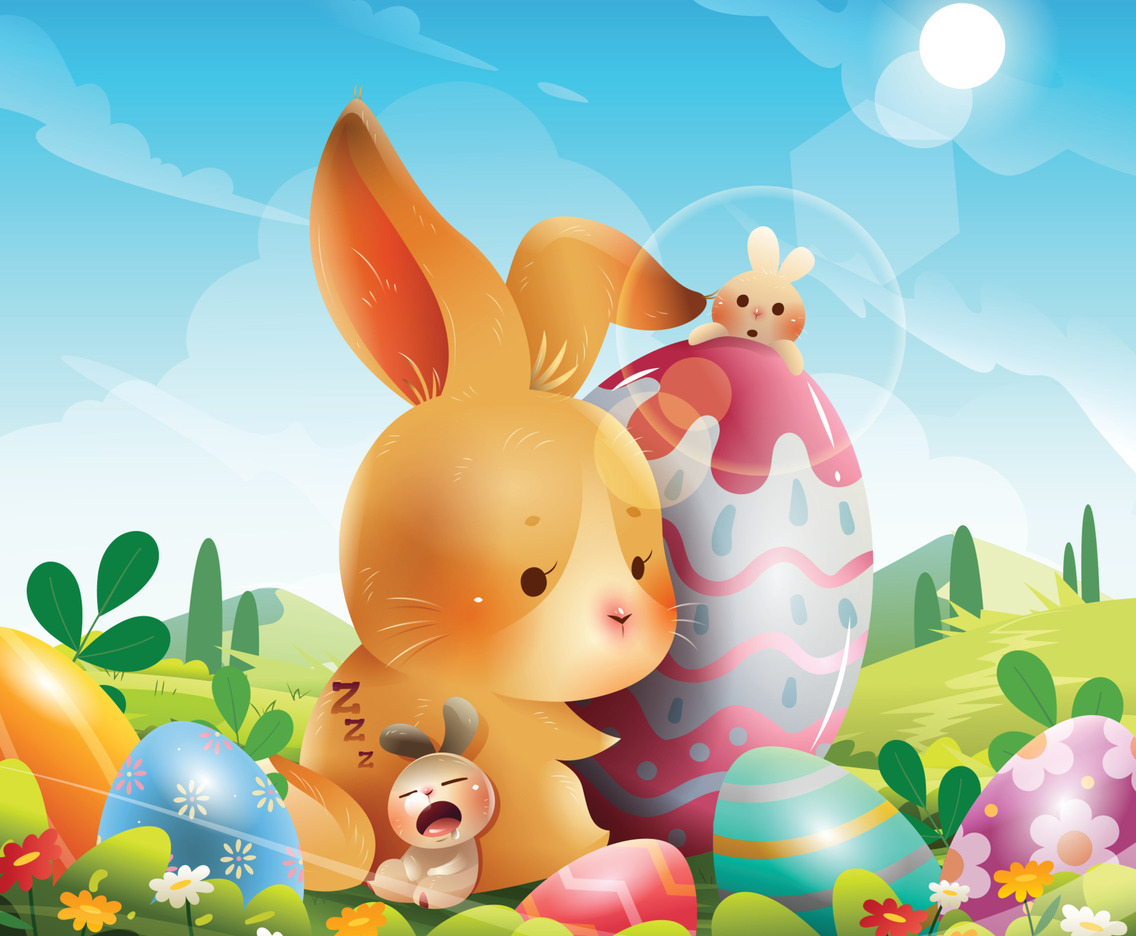 Easter Day Concept with Bunnies and Easter Eggs in The Meadow