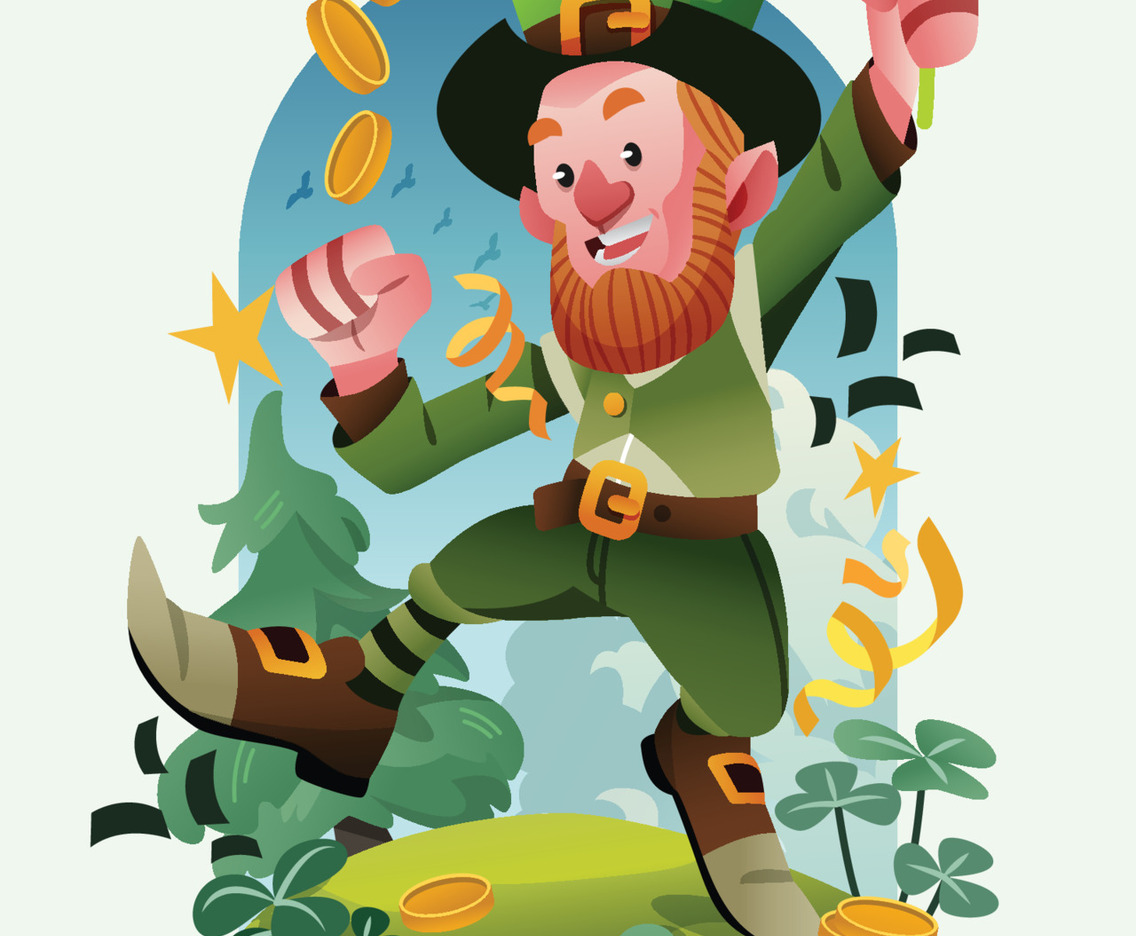 Leprechaun Holding Four Leaf Clover In The Park