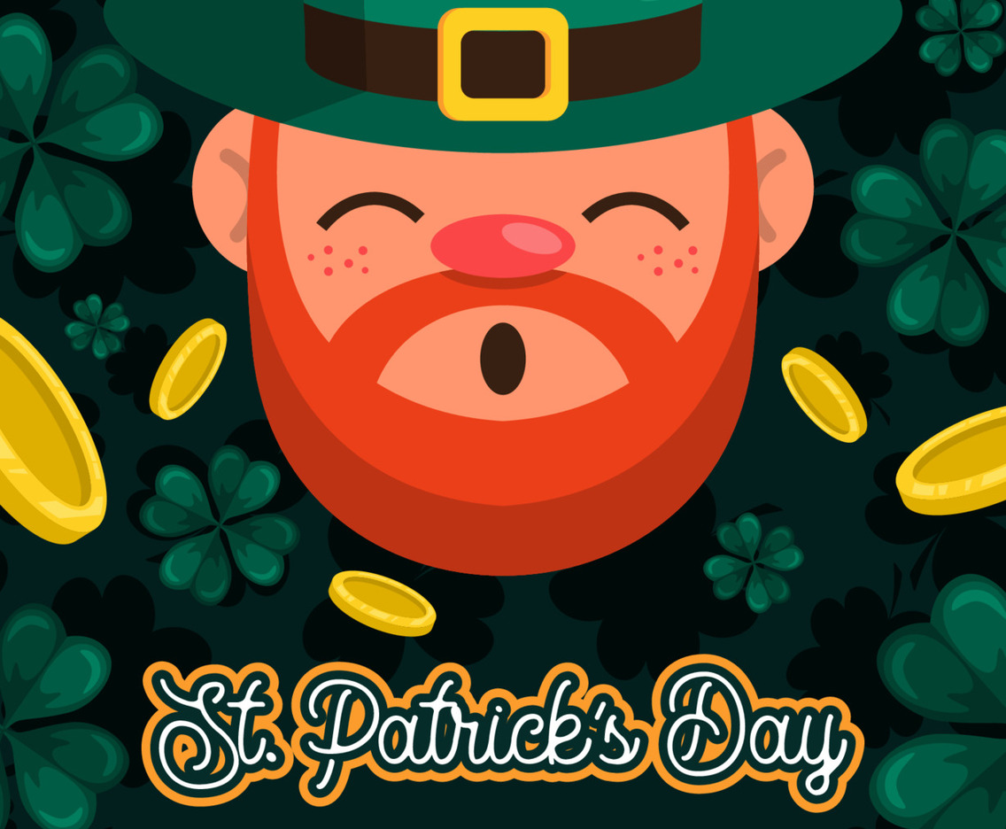 St Patricks Leprechaun with Clover and Gold Coins