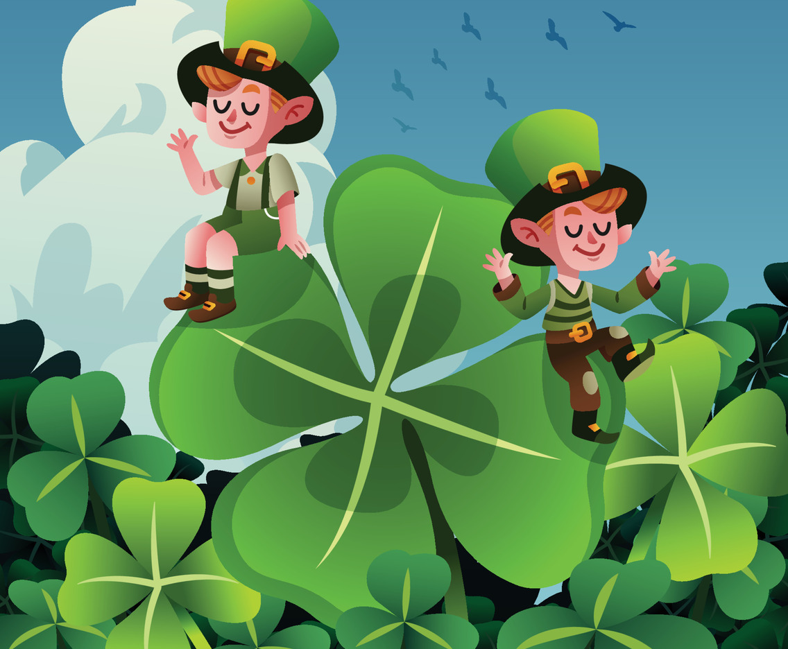 Two Leprechauns In A Four Leaf Clover Garden