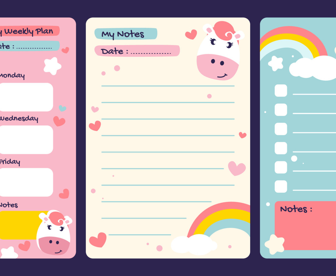 Colorful Journal Pages Template With Cute Unicorn Character