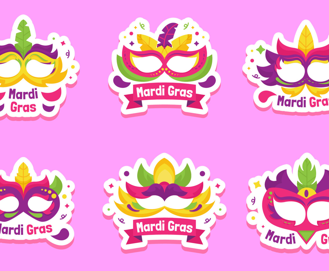 Mardi Gras Masks Beads Stickers concept Free Vector