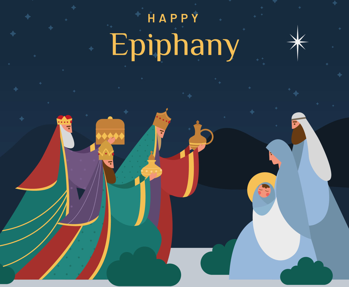 Three Wisemen and Baby Jesus Scene for Happy Epiphany Design Concept