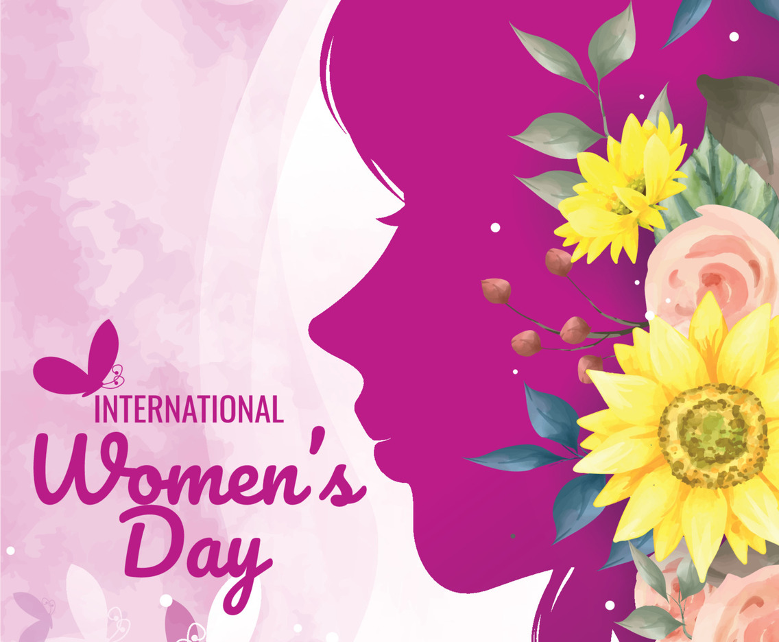 Woman in Pink Silhouette and Watercolor Flowers for Womens Day