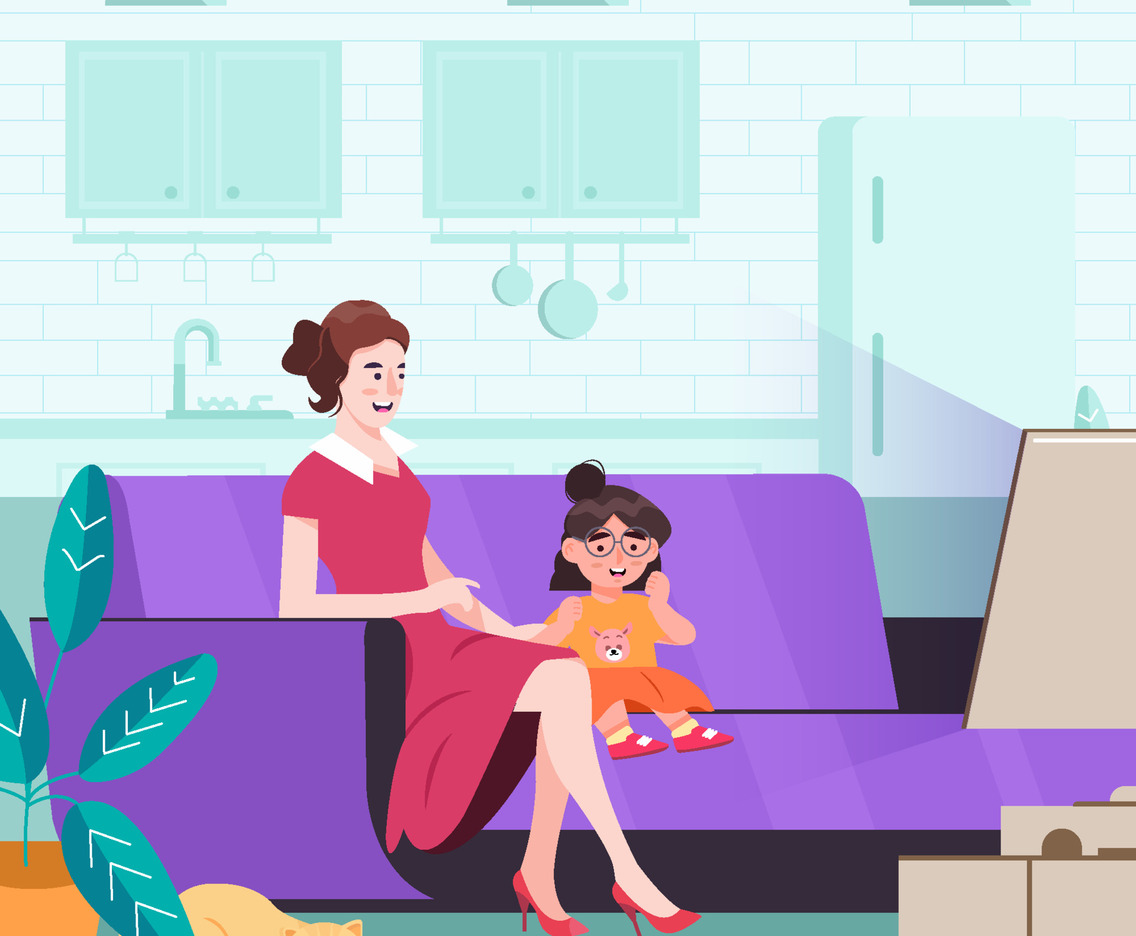 Mother And Daughter Watch Television Concept