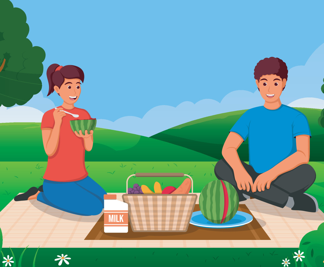 Illustration Couple Picnic in the Park With Food and Fruits