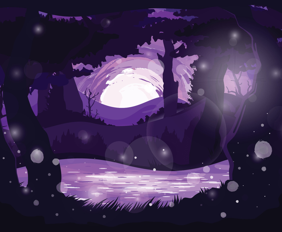 Purple Dark Forest Fantasy with Blooming Lake