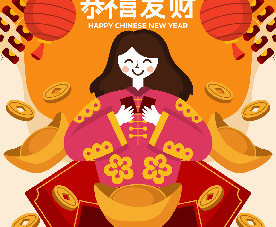Woman Character with Red Packet in Chinese New Year Concept
