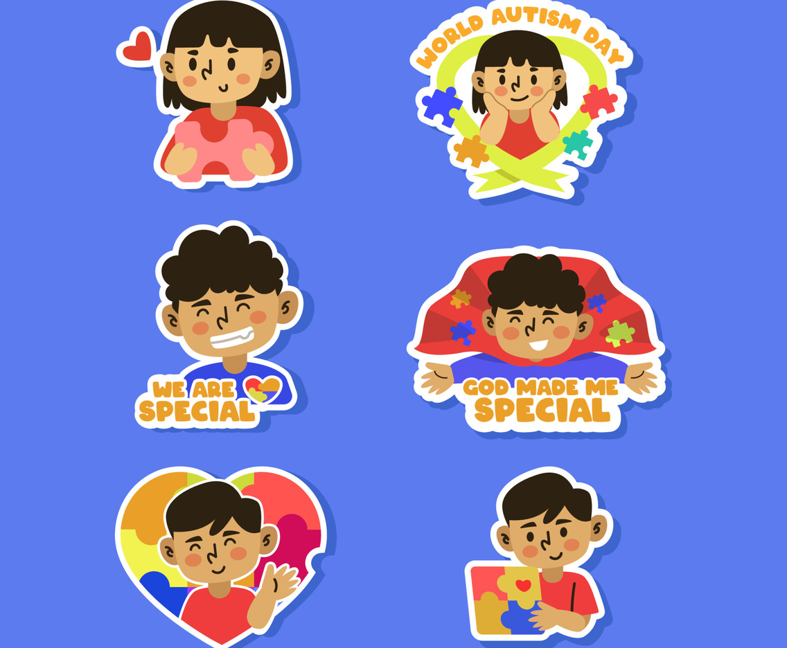 Set of World Autism Day Celebration With Happy Children Stickers