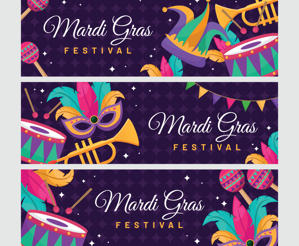 Colorful Flat Mardi Gras Festival Banner Collection