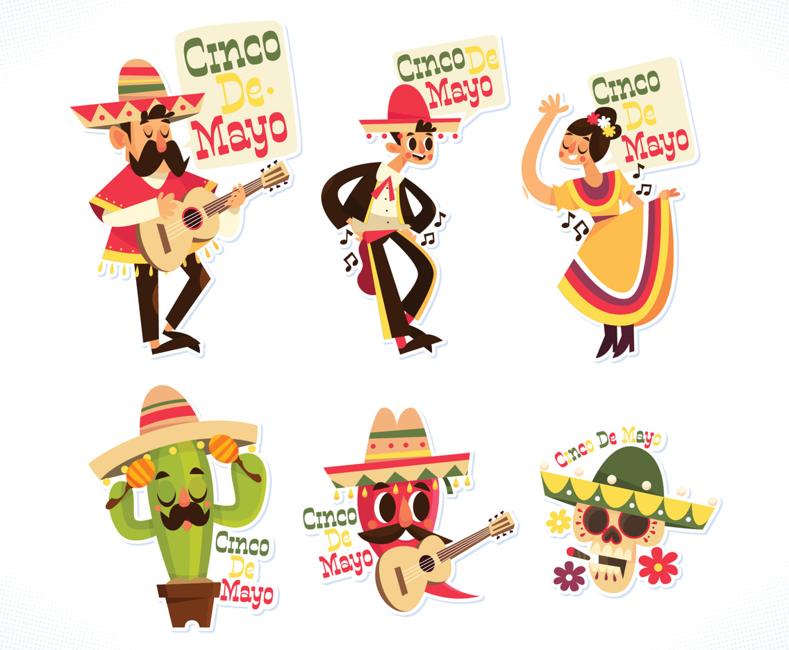 Cinco De Mayo Cute Characters Stickers Set