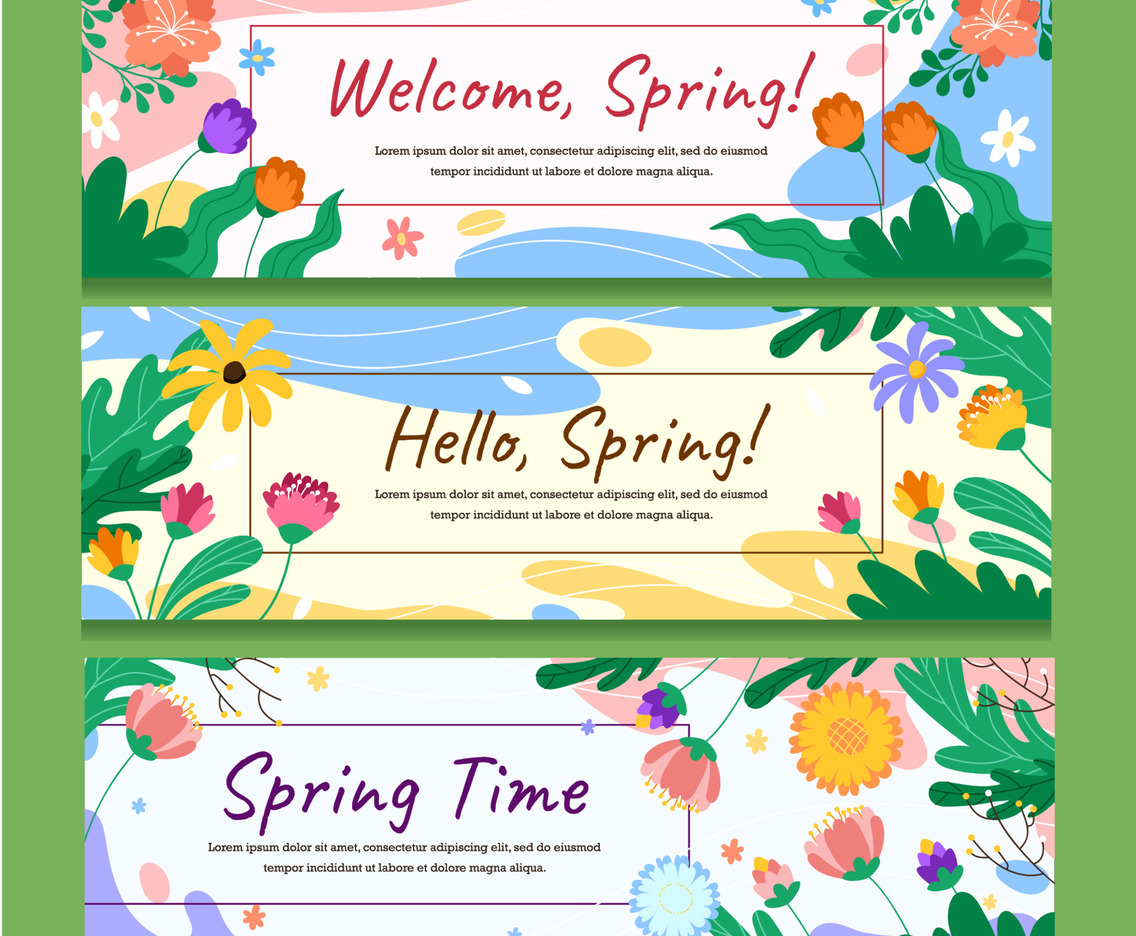 Colorful Pastel Spring Floral Flowers and Leaves Banner