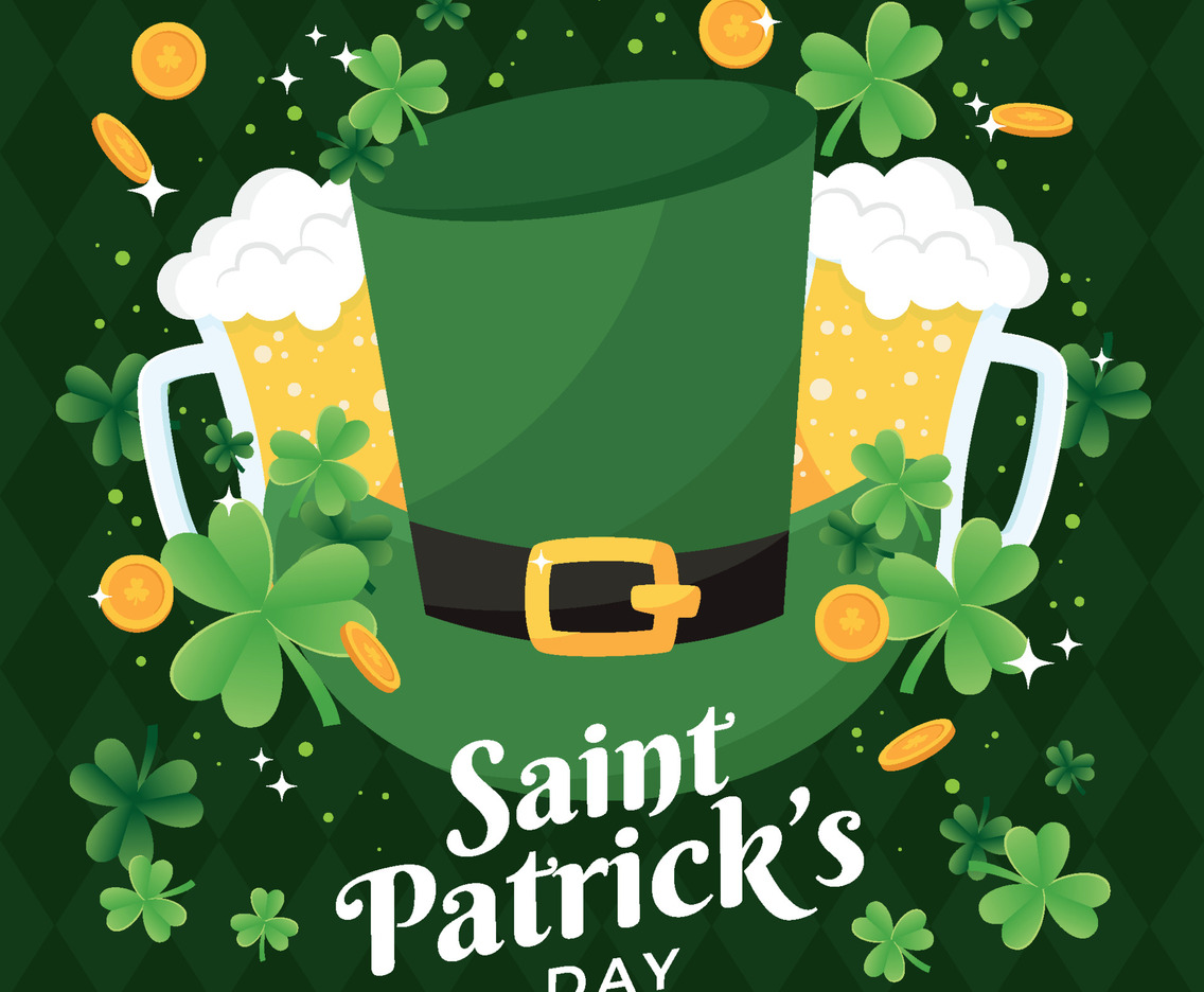 Saint Patrick's Hat with Clover and Gold Coin in Green Color Scheme