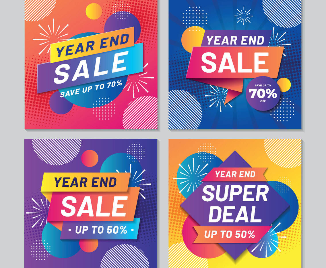 Set of Year End Sale Social Media Post with Modern Geometric Design Concept