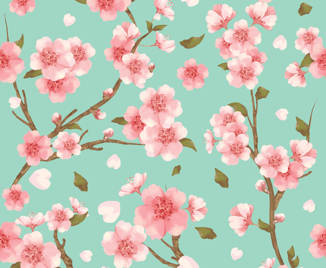 Watercolor Pattern of Pink Cherry Blossom With Branches and leaves