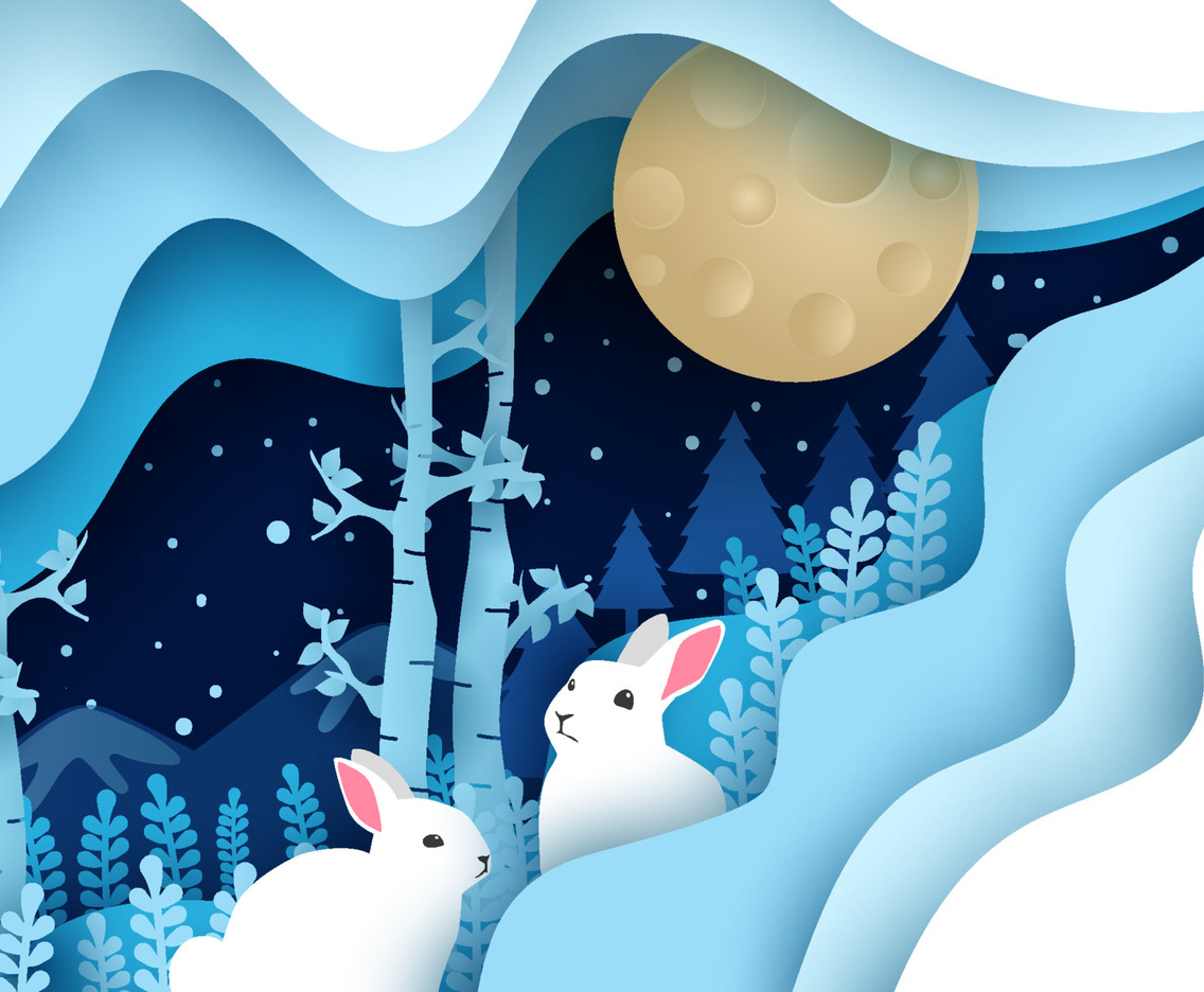 Paper Cut Winter Night with Rabbit Background