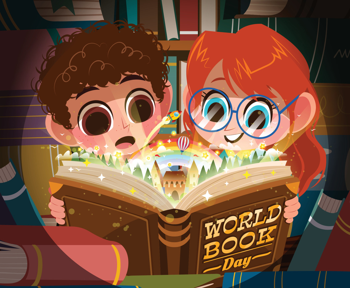 World Book Day Concept with Two Children Reading a Book