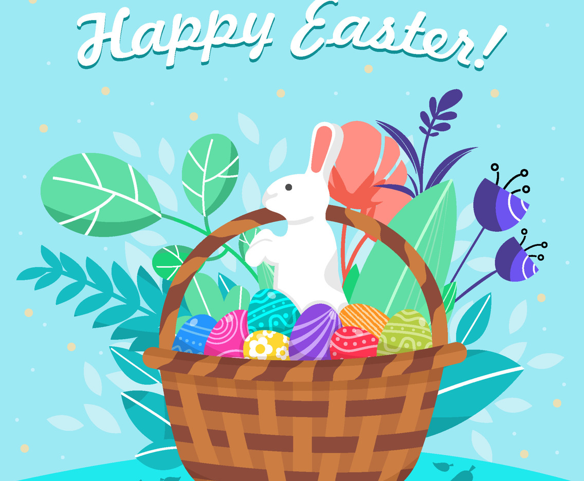 Rabbit and Easter Eggs In A Basket Concept