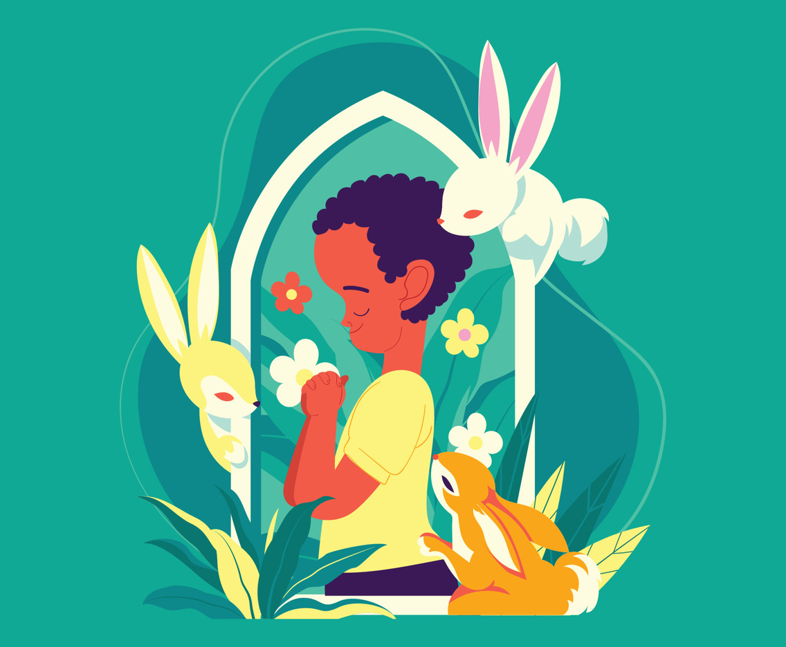 A Kid Praying With Easter Bunnies