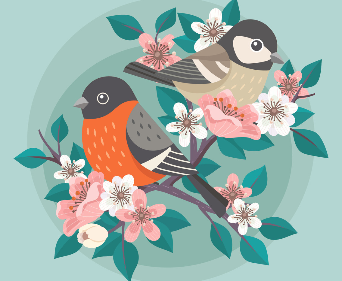 Two Bird on Branch with Flower Blooming