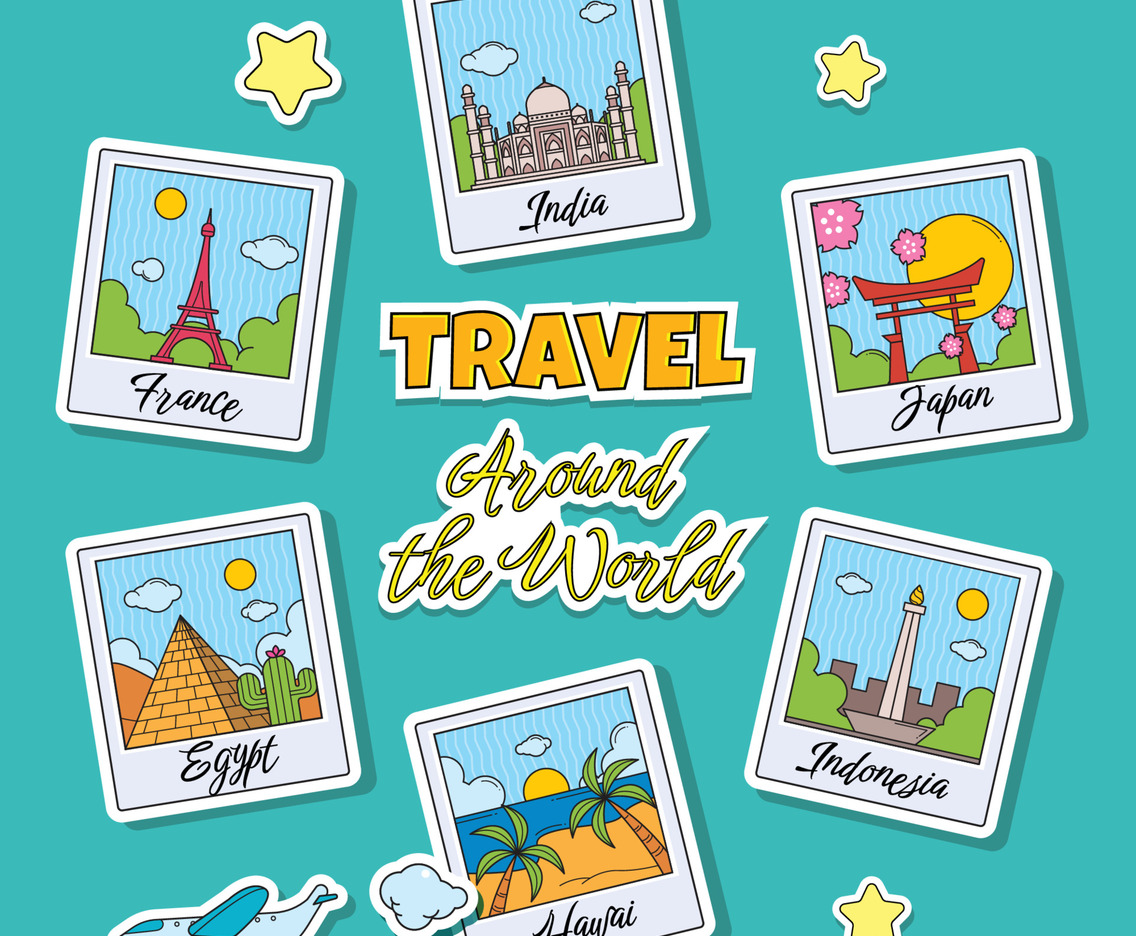 World Travel Sticker Set Collection with Polaroid Style