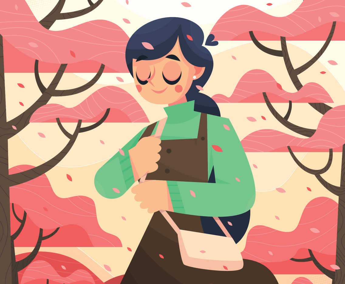 Girl Walking under the Blooming Cherry Trees