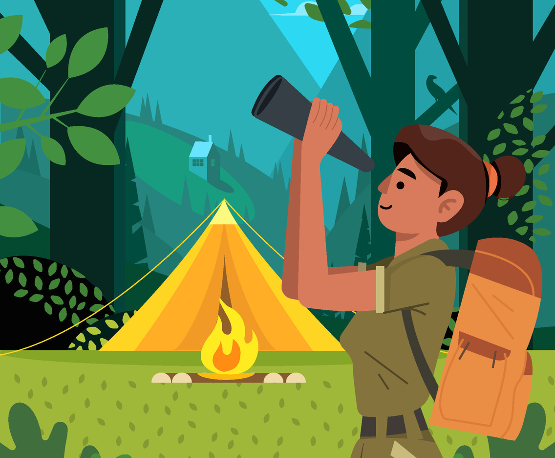 Girlscout With Her Binoculars Outside Tent Concept