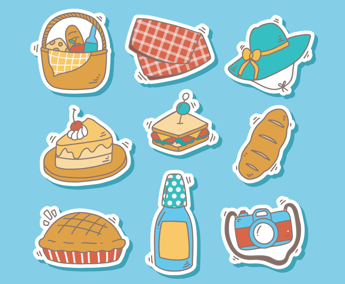 Collection of Cute Hand Drawn Picnic Stickers for Visual Journal